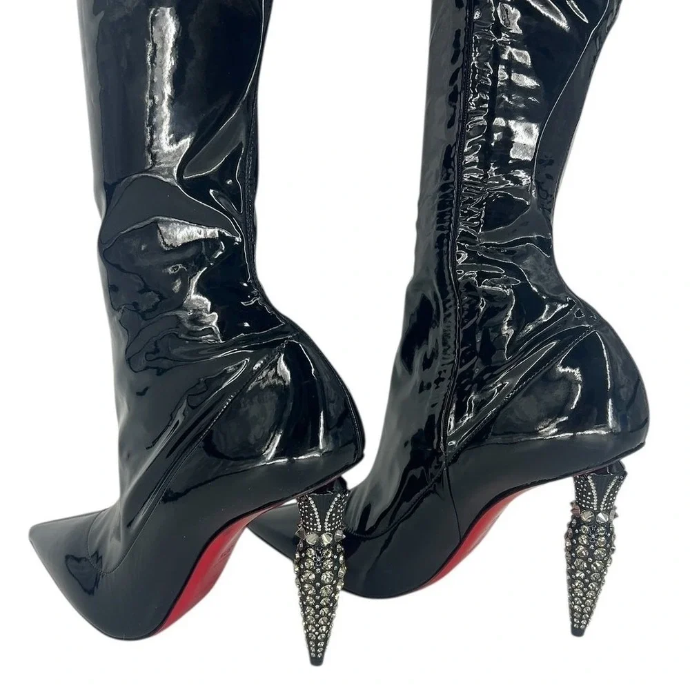 Christian Louboutin Limited Edition Black Lipstrass Patent Thigh Boots Size 37.5